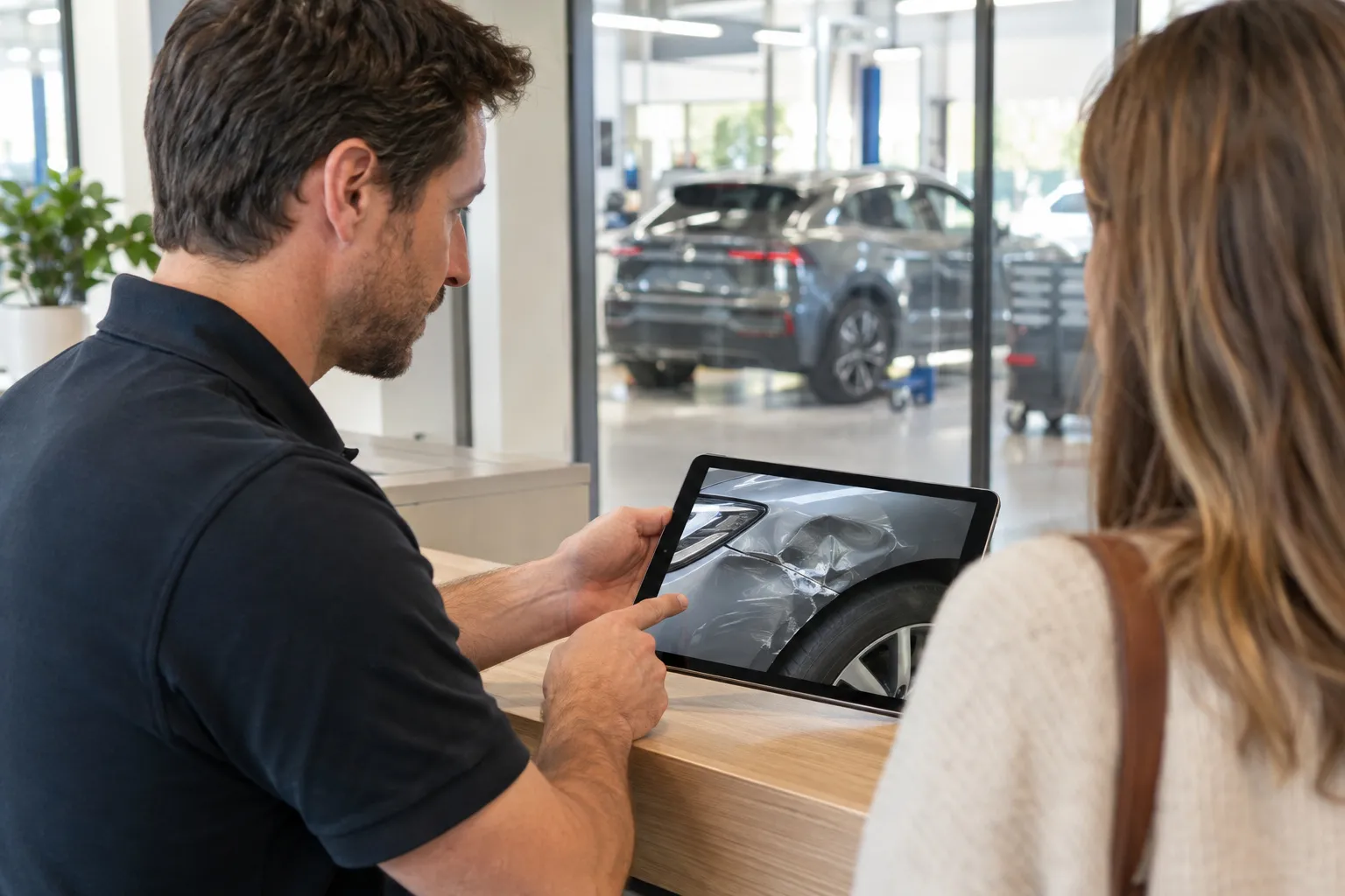 Accueil d'un atelier de carrosserie : un conseiller montre un devis sur une tablette à une cliente, vue de dos, voiture visible derrière une cloison vitrée.