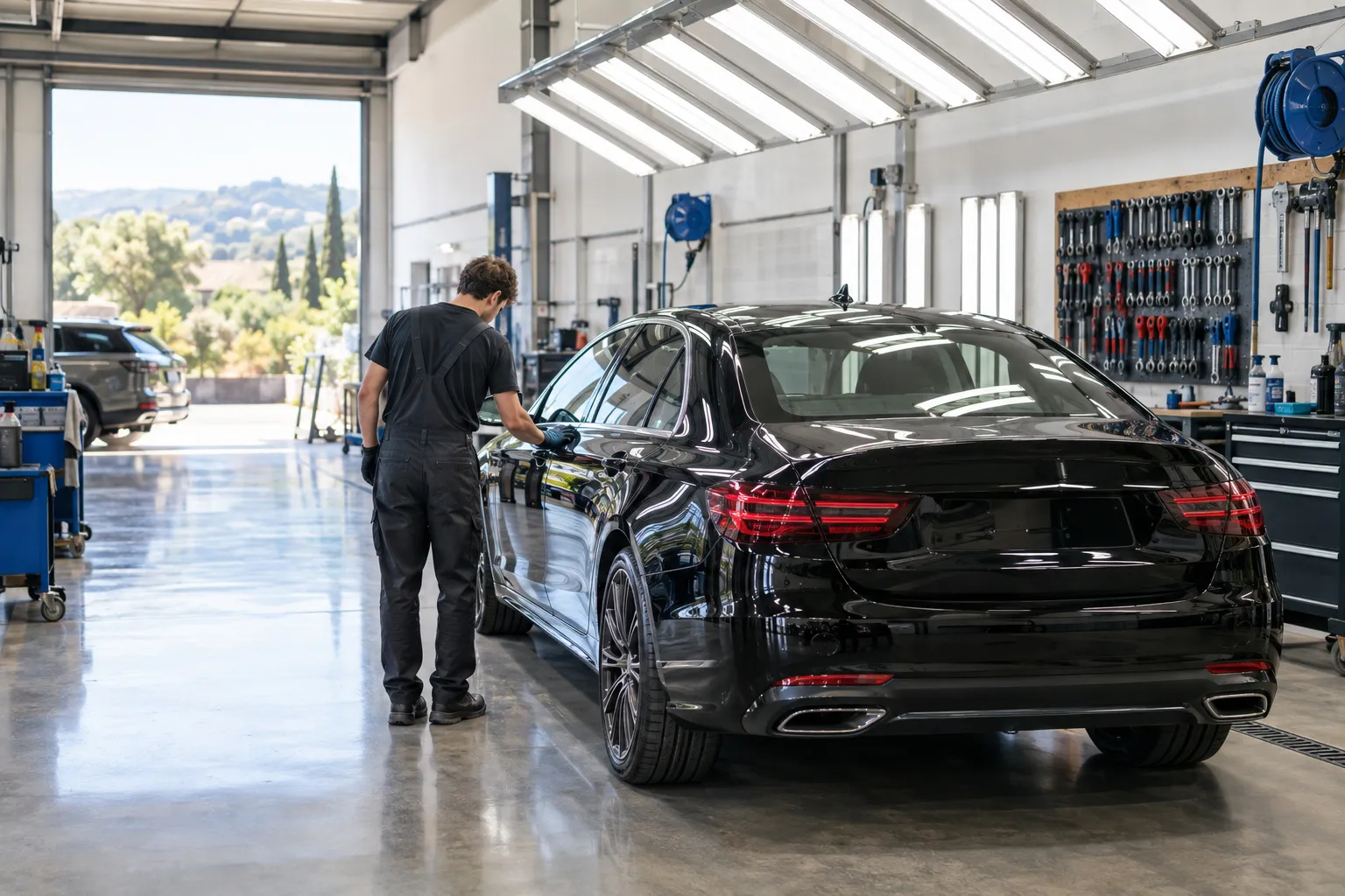 Contrôle final d'une réparation : un carrossier vérifie du plat de la main la finition d'une berline noire sous les lampes d'inspection.